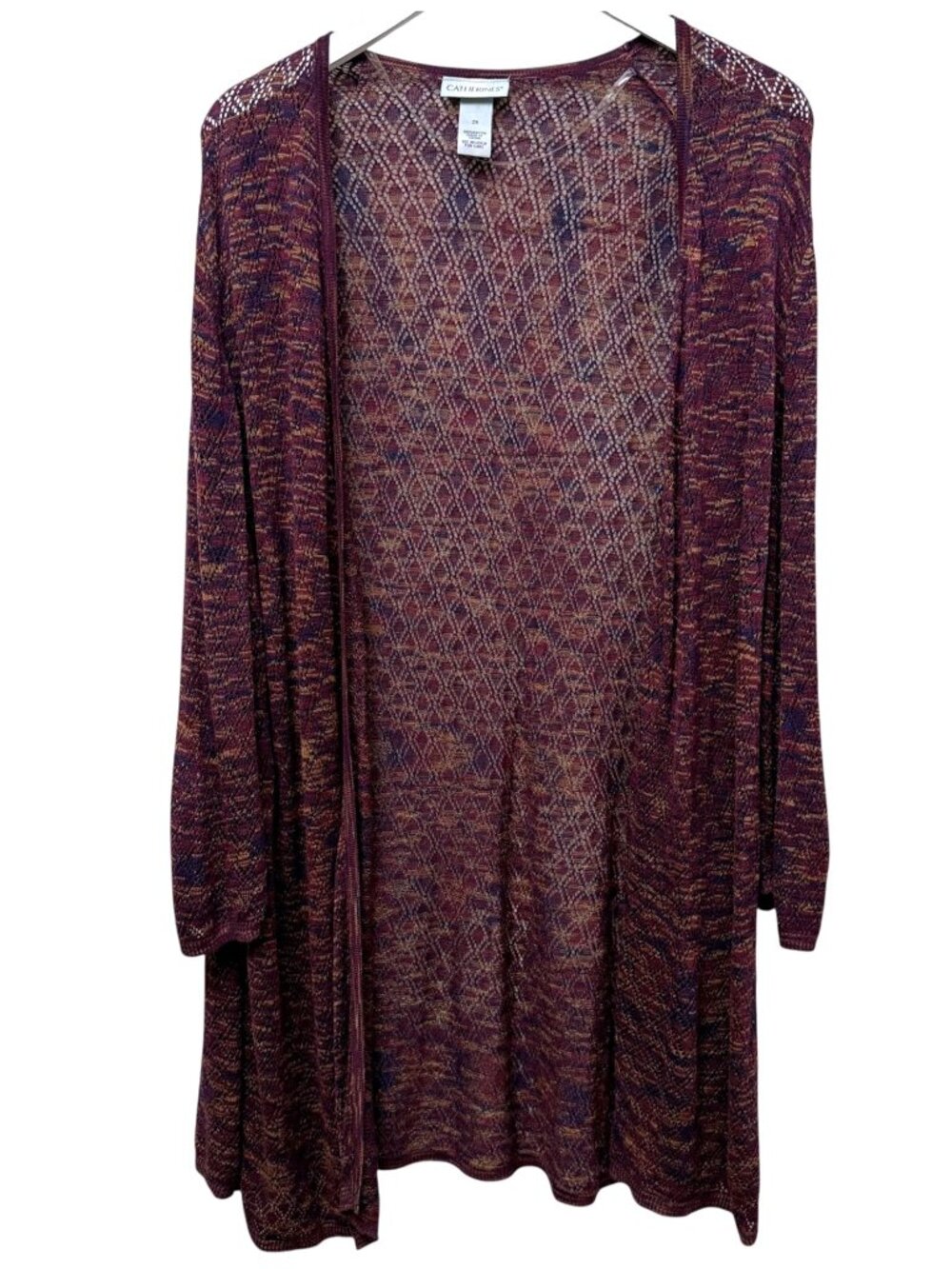 CATHERINES Long Cardigan Plus Size 2X Burgundy Red Open Light Sweater Duster